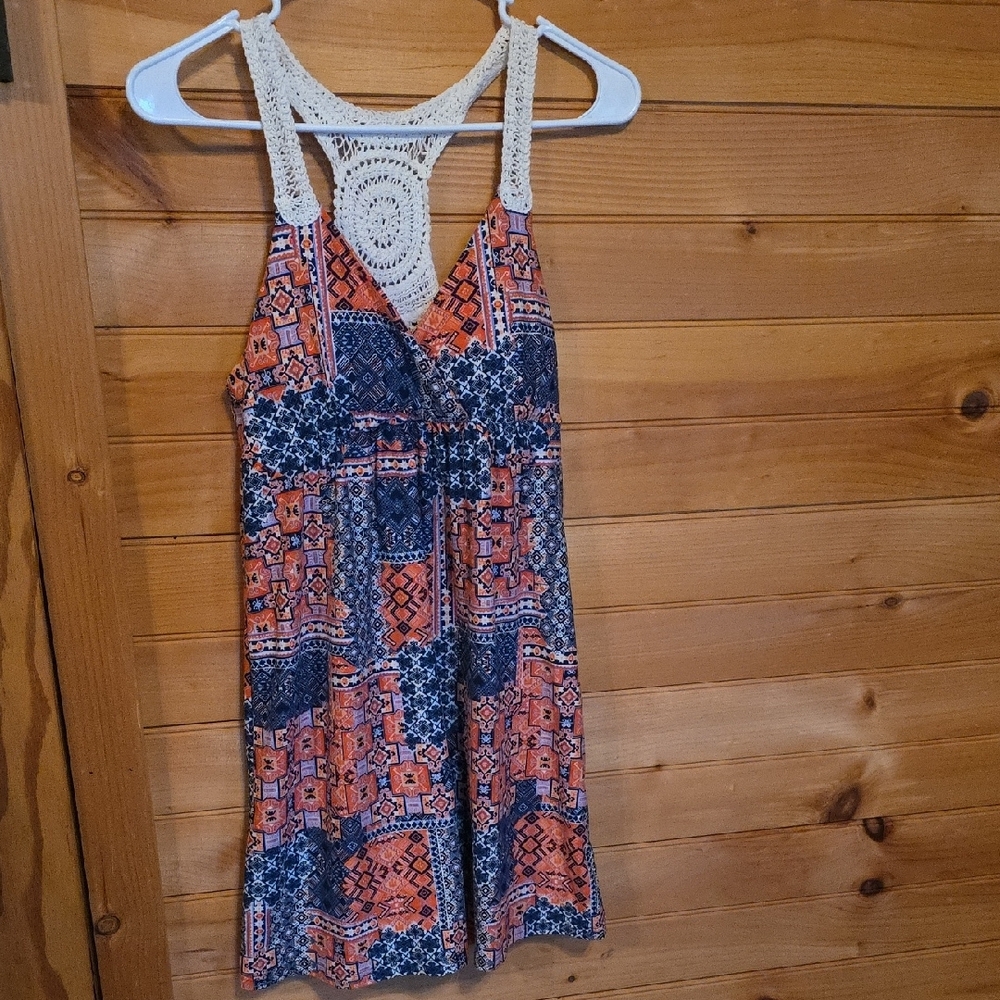 Bohemian Crochet Halter Dress - Orange and Blue